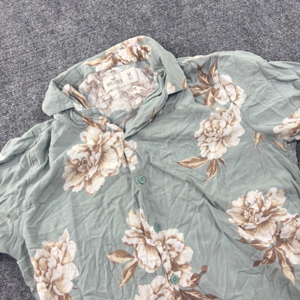 Hollister Floral Button Up Shirt Medium Sage Green Short Sleeve Viscose Mens